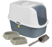 CAT CENTRE Dark Grey Cat Flip Toilet + Grey Set: 2x0.2L Smarty Bowls + Scoop Hooded Litter Tray Bundle
