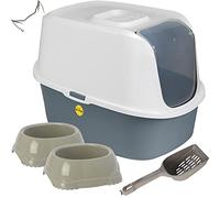 CAT CENTRE Dark Grey Cat Flip Toilet + Grey Set: 2x0.3L Smarty Bowls + Scoop Hooded Litter Tray Bundle