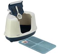 Cat Centre.Direct Cat Centre Dark Blue Large Corner Cat Flip Litter Tray + Mat - Hooded Box Toilet + Scoop + Charcoal Filter + Litter Tray Mat