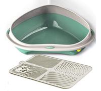 Cat Centre.Direct Cat Centre Green Jumbo Corner Litter Tray With Cream Nonslip Mat
