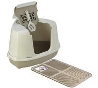Cat Centre.Direct Cat Centre Grey Large Corner Cat Flip Litter Tray + Mat - Hooded Box Toilet + Scoop + Charcoal Filter + Litter Tray Mat