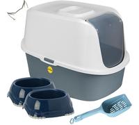 Cat Centre.Direct Cat Centre Hooded Litter Tray Bundle With X2 0.3L Smarty Bowls And Scoop Dark Grey