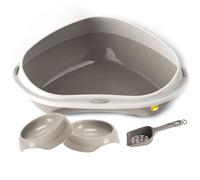 Cat Centre.Direct Cat Centre Large Grey Corner Litter Tray With High Rim + 2 X Grey Gusto Bowls 0.2L + Grey Scoop