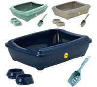 Cat Centre.Direct Cat Centre Large Open Litter Tray With Scoop And X2 0.3L Smarty Bowls In Dark Blue