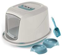 Cat Centre.Direct Cat Centre Medium Blue Cat Hooded Litter Tray Bundle With 2 Bowls And Scoop
