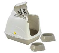 Cat Centre Flip Cat Litter Tray with Scoop, 2 x 0.3L Smarty Bowls Grey | Enclosed Cat Litter Box with Translucent Privacy Flap, Detachable Hood and Activated Charcoal Filter for Odour Control