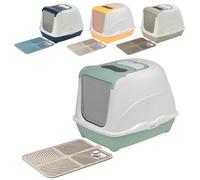 CAT CENTRE Green Hooded Flip Cat Litter Tray + Cream Tray Mat + Filter & Scoop Box Kitten Box Toilet Extra Deep Anti-Spillage Easy Cleaning Access Durable Premium Quality Flap Door Enclosed Entrance