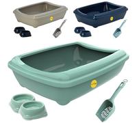 CAT CENTRE Green Jumbo Deep Cat Litter Tray with Rim, 2 Bowls & Scoop