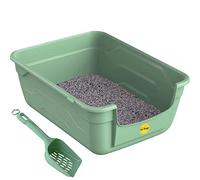 CAT CENTRE Green Large Cat Kitten Litter Tray Box + Waste Scoop Set High Sided Deep Toilet Loo Adult Cats Kitten Pan Pet Loo Easy Cleaning Lowered Entry Step 11.5cm Easy Access Elderly Cat Trays