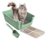 CAT CENTRE Green Large Cat Litter Tray Bundle + Scoop + Mat, High Sided | Open litter box with deep sides, grooved tray mat, easy-clean rounded corners, BPA-free, for cats and kittens