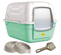 CAT CENTRE Green Large Hooded Litter Tray & Gusto Food Water Bowls Bundle