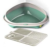 CAT CENTRE Green XL Jumbo Corner Cat Litter Tray + Cream Nonslip Mat Set Box Loo Toilet Kitten Pad