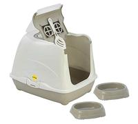 CAT CENTRE Grey Cat Hooded Litter Tray + 2x0.2L Non Slip Bowls Toilet Loo Filter Scoop Pan