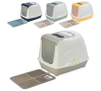 CAT CENTRE Grey Hooded Flip Cat Litter Tray + Grey Tray Mat + Filter & Scoop Box Kitten Box Toilet Extra Deep Anti-Spillage Easy Cleaning Access Durable Premium Quality Flap Door Enclosed Entrance
