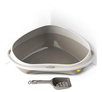 CAT CENTRE Grey Jumbo Corner Cat Litter Tray with Scoop, Rounded Corners | Open litter tray bundle, lowered entry step, detachable rim, easy cleaning, for kittens and cats