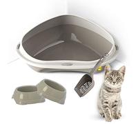 CAT CENTRE Grey Jumbo Corner Litter Tray Bundle 2 Smarty Bowls 0.3L + Scoop