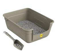 CAT CENTRE Grey Large Cat Kitten Litter Tray Box + Waste Scoop Set High Sided Deep Toilet Loo Adult Cats Pan Pet Lowered Entry Step 11.5cm Easy Access Elderly Cat Trays