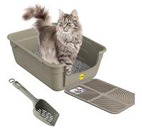CAT CENTRE Grey Large Cat Litter Tray, Scoop & Mat Bundle, High Sided | Open toilet box, grooved litter mat, deep high-sided tray, BPA-free plastic, for large cats & kittens