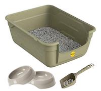 CAT CENTRE Grey Large Cat Open Litter Tray Box +2x 0.35L Bowls +Waste Scoop Set High Sided Deep Toilet Loo Adult Cats Kitten Pan Pet Loo Easy Cleaning Lowered Entry Step 11.5cm Easy Access Bowl Trays