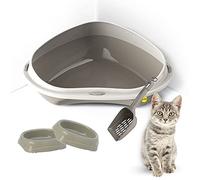 CAT CENTRE Grey Large Corner Cat Litter Tray Bundle + 2 Smarty Bowls 0.2L + Scoop - Cat Hygiene Toilet, High Rim