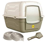 CAT CENTRE Grey Large Hooded Cat Litter Tray & Gusto Bowls Bundle