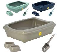 CAT CENTRE Grey Litter Tray with Rim, 2x0.3L Bowls + Scoop, 50cm, Large | Open cat litter tray, anti-spillage rim, rounded corners, easy clean, kitten pet toilet, portable plastic loo pan