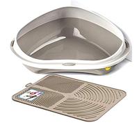 CAT CENTRE Grey XL Jumbo Corner Cat Litter Tray + Grey Nonslip Mat Set Box Loo Toilet Kitten Pad