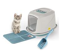 CAT CENTRE Hooded Kitten Litter Tray Medium Blue + Scoop, Mat, Filter | Cat toilet starter pack, swing flap door, carry handle, waste scoop, tray mat, carbon filter, small cat litter box