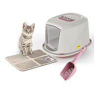 CAT CENTRE Hooded Kitten Litter Tray Medium Pink + Scoop, Mat, Filter | Cat toilet starter pack, swing flap door, carry handle, waste scoop, tray mat, carbon filter, small cat litter box