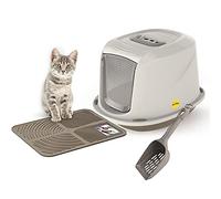 CAT CENTRE Hooded Kitten Litter Tray, Scoop, Mat & Filter, Medium Grey | Small cat toilet box, swing flap door, carry handle, starter pack, portable pet loo pan, easy cleaning