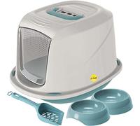 CAT CENTRE Jumbo Blue Hooded Litter Tray Bundle, Bowls, Carbon Filter | Kitten starter set, hooded cat toilet with carry handle, carbon odour filter, 2 BPA-free feeding bowls and scoop
