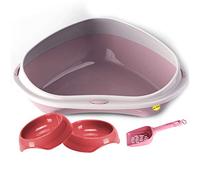 CAT CENTRE Jumbo Corner Open Litter Tray Bundle, Bowls & Scoop, Cat Kitten
