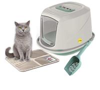 CAT CENTRE Jumbo Green Hooded Kitten Litter Tray +Waste Scoop +Tray Mat Set Carbon Filter Large Cat Toilet Pet Box Loo Pan Starter Pack Portable Swing Flap Door Carry Handle Galaxy Easy Cleaning