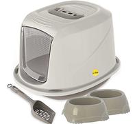 CAT CENTRE Jumbo Grey Hooded Kitten Litter Tray + 2x Non Slip Bowls +Waste Scoop Set Carbon Filter Large Cat Toilet Pet Box Loo Pan Starter Pack Bundle Portable Swing Flap Door Carry Handle Galaxy