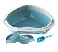 CAT CENTRE Jumbo Large Corner Open Litter Tray Bundle, Bowls, Scoop, Blue