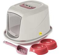 CAT CENTRE Jumbo Pink Hooded Cat Litter Tray Bundle with Bowls & Scoop