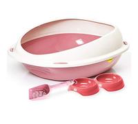 CAT CENTRE Jumbo Pink Litter Tray Box Rim Loo 2 x Red 0.3L Bowls & Large Pink Litter Scoop Cat Kitten Bundle