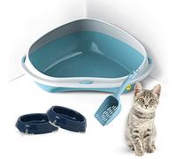 CAT CENTRE Large Corner Cat Litter Tray Bundle Blue Smarty Bowls 0.2L Scoop
