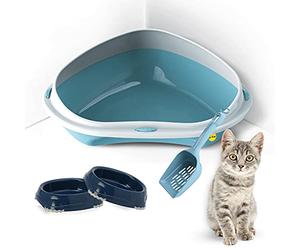 CAT CENTRE Large Corner Cat Litter Tray Bundle Blue Smarty Bowls 0.2L Scoop