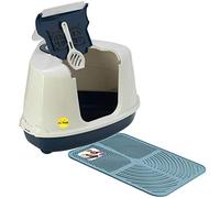 CAT CENTRE Large Hooded Corner Cat Litter Tray + Mat, Dark Blue