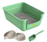 CAT CENTRE Large Open Cat Litter Tray + 2x 0.35L Bowls + Scoop Set, Green | High sided deep litter tray, lowered entry step, easy cleaning, kitten & adult cats, pet bowl set
