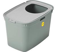 CAT CENTRE Large Top Entry Cat Litter Tray Extra Deep XL High Sided Covered Dog-Proof Toilet Box Pan Loo Kitten Cats Olive Green Base + Grey Lid Toddler-Proof Multi-Pet Households Rounded