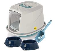 CAT CENTRE Medium Blue Hooded Litter Tray, 2x Non Slip Bowls + Scoop Set | Carbon filter, swing flap door, carry handle, portable cat toilet pan, kitten starter pack bundle