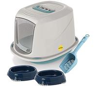 CAT CENTRE Medium Blue Hooded Litter Tray, 2x Non Slip Bowls + Scoop Set | Carbon filter, swing flap door, carry handle, portable cat toilet pan, kitten starter pack bundle