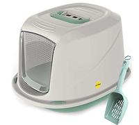 CAT CENTRE Medium Green Hooded Kitten Litter Tray +Waste Scoop Set Carbon Filter Small Cat Toilet Pet Box Loo Pan Starter Pack Portable Swing Flap Door Carry Handle Galaxy Easy Cleaning