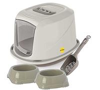 CAT CENTRE Medium Grey Hooded Kitten Litter Tray + 2x Non Slip Bowls +Waste Scoop Set Carbon Filter Small Cat Toilet Pet Box Loo Pan Starter Pack Bundle Portable Swing Flap Door Carry Handle Galaxy