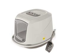 CAT CENTRE Medium Grey Hooded Kitten Litter Tray + Scoop & Carbon Filter | Hooded cat toilet box, swing flap door, carry handle, rounded corners, easy clean, portable starter pack