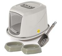 CAT CENTRE Medium Grey Hooded Litter Tray, 2x Non Slip Bowls + Scoop Set | Carbon filter, swing flap door, carry handle, portable cat toilet pan, kitten starter pack bundle