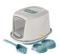 CAT CENTRE Medium Kitten Hooded Litter Tray, Blue, Bowls & Carbon Filter | Kitten starter set, hooded litter box with carry handle, 2 feeding bowls, toilet training kit, loo