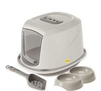 CAT CENTRE Medium Kitten Hooded Litter Tray, Grey, Bowls & Carbon Filter | Kitten starter set, hooded litter box with carry handle, 2 feeding bowls, toilet training kit, loo
